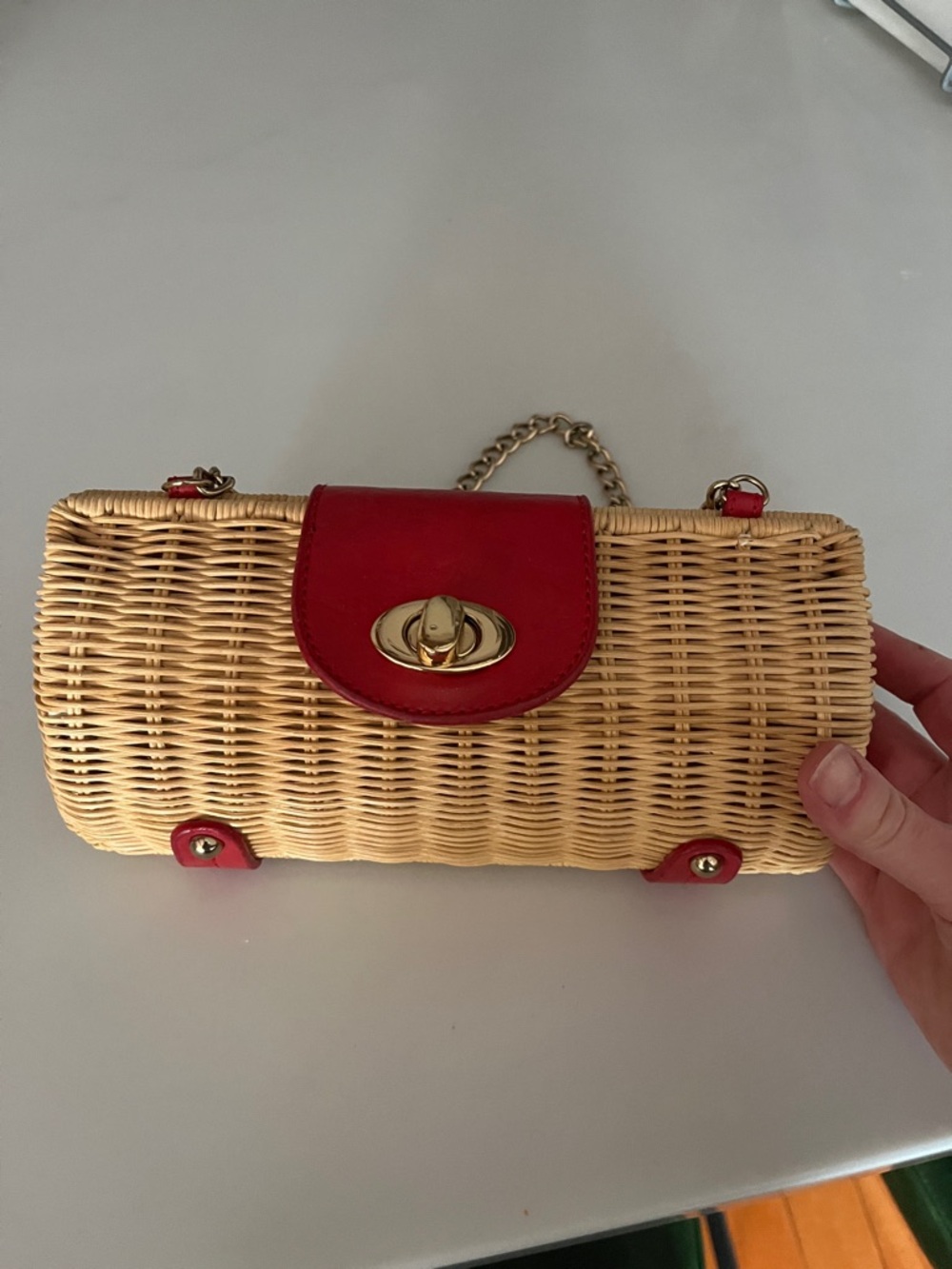 Woven Straw Clutch with Red Leather Trim and Gold Hardware